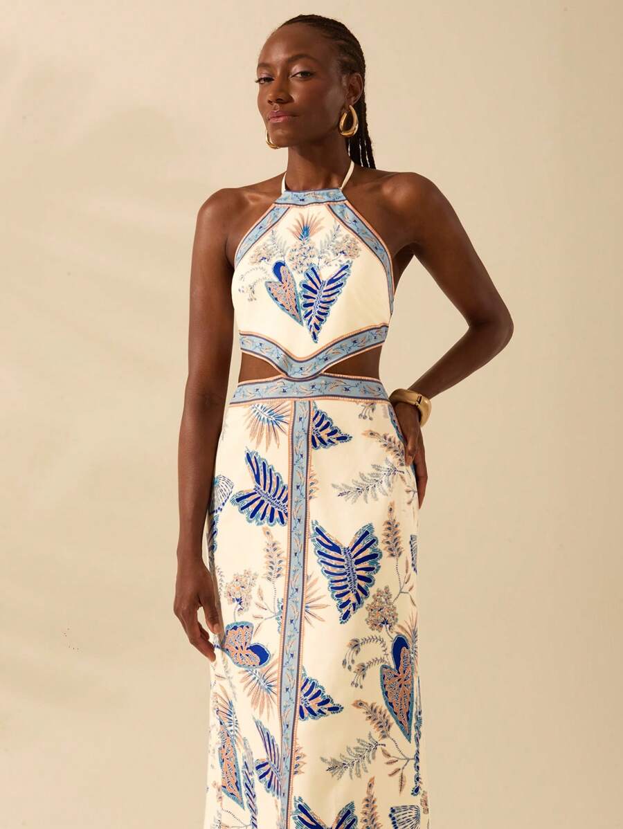 CAJUNI Vestido largo casual de verano con diseño tropical de plantas y flores, recorte en la cintura, espalda abierta y mariposas de colores, para vacaciones - Multicolor - Ver 1