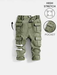 SHEIN Baby Boy Street Cool Multiple Pockets High Stretch Skinny Light Green Denim Cargo Pants,Casual And Fashion For Baby Boys Spring/Summer Clothes