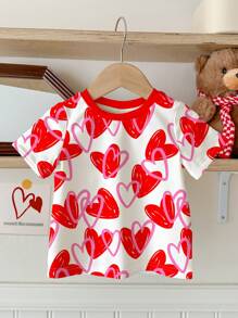 SHEIN Süßer und niedlicher Liebes-Muster, einfaches kurz-ärmeliges Rundhals-Top für Baby Mädchen, ideal für den Sommer