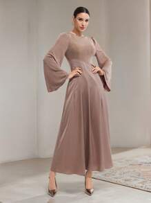 Modelyn Đầm dài tay loe cổ tròn màu trơn thanh lịch cho nữ - Màu Khaki - Xem 3