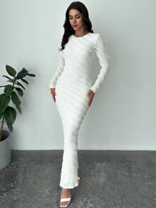Firerie Váy đuôi cá cạp cao tay dài ren jacquard thanh lịch dành cho nữ, thích hợp cho trang trọng/đi làm/nghỉ dưỡng/tiệc tùng/hẹn hò - trắng - Xem 7