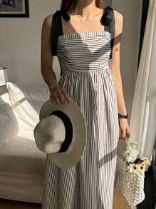DAZY Vestido casual de verano con tirantes anudables, a media pierna, de estilo rayado para mujer