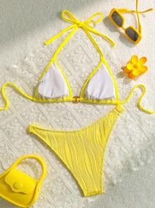 SHEIN Swim Women Summer Beachwear Sets For Women, Yellow Textured Fabric Shoulder Strap Simple Summer Vacation 2 Pieces Bikini Swimwear - Yellow - View 7
