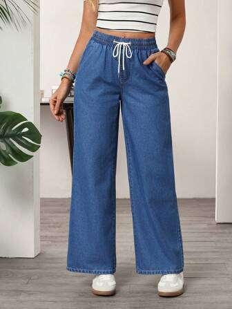 EMERY ROSE レディース ドローストリング ウエスト ポケット ワイドレッグ カジュアル バーサタイルジーンズ