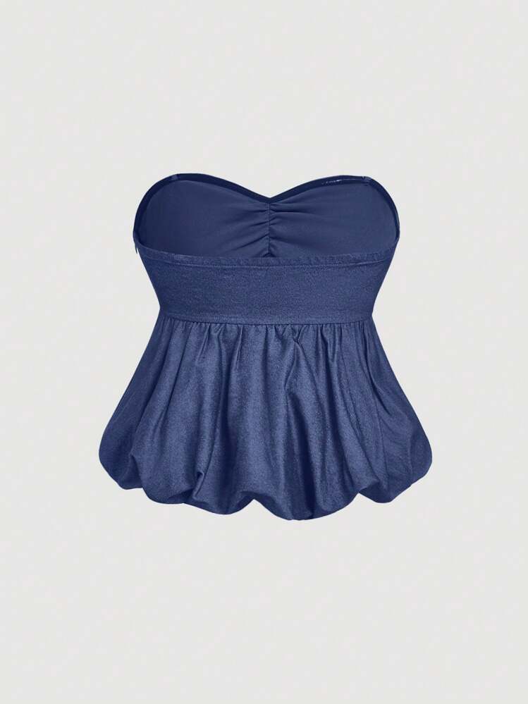 SHEIN MOD Casual Blue Sleeveless Ruched Hem Tube Top,Babydoll Top,Bubble Top,Hippie,Streetwear,Date Night,Tropical,Tea Party,Bachelorette,Sexy Women Top - Blue - View 2