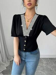 Calvaya Women's Sequin Patchwork V-Neck Elegant Blouse