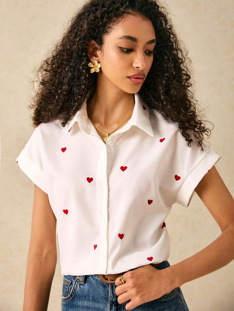 Poéselle 女士休闲心形印花短袖衬衫夏季衬衫白衬衫白衬衫茶会服装办公室服装夏季衬衫夏季上衣 - 白色 - 查看 1