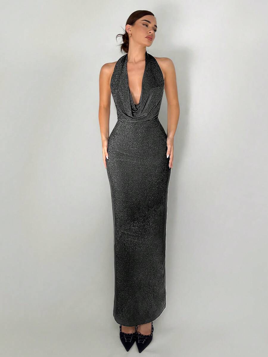 Aloruh 女士简约优雅领口低胸镂空后背超长紧身连衣裙，白色派对舞会礼服 - 銀色 - 查看 1