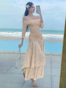 DAZY Bohemian Style Vacation Plant & Ditsy Floral Ruffled Off Shoulder Bodycon Dress For Women Summer Dress Boho - Beige - View 3