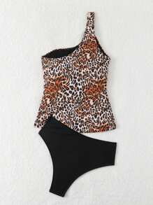 Swim Lushoire Bộ 2 chiếc/bộ áo cánh xếp ly cổ bất đối xứng họa tiết hoa báo thời trang xuân hè và quần tankini tam giác cạp cao màu trơn, dành cho kỳ nghỉ hè ở bãi biển - Nhiều màu - Xem 7