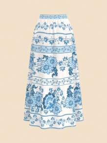 CAJUNI Women's Boho Tropical Plant & Flower Blue Print Skirt, Vacation Casual Summer Skirt