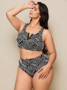 SHEIN Swim Curve 大码 2 件套斑马纹面料 V 形棕褐色休闲女士比基尼套装，夏季海滩度假 - 黑與白 - 查看 5