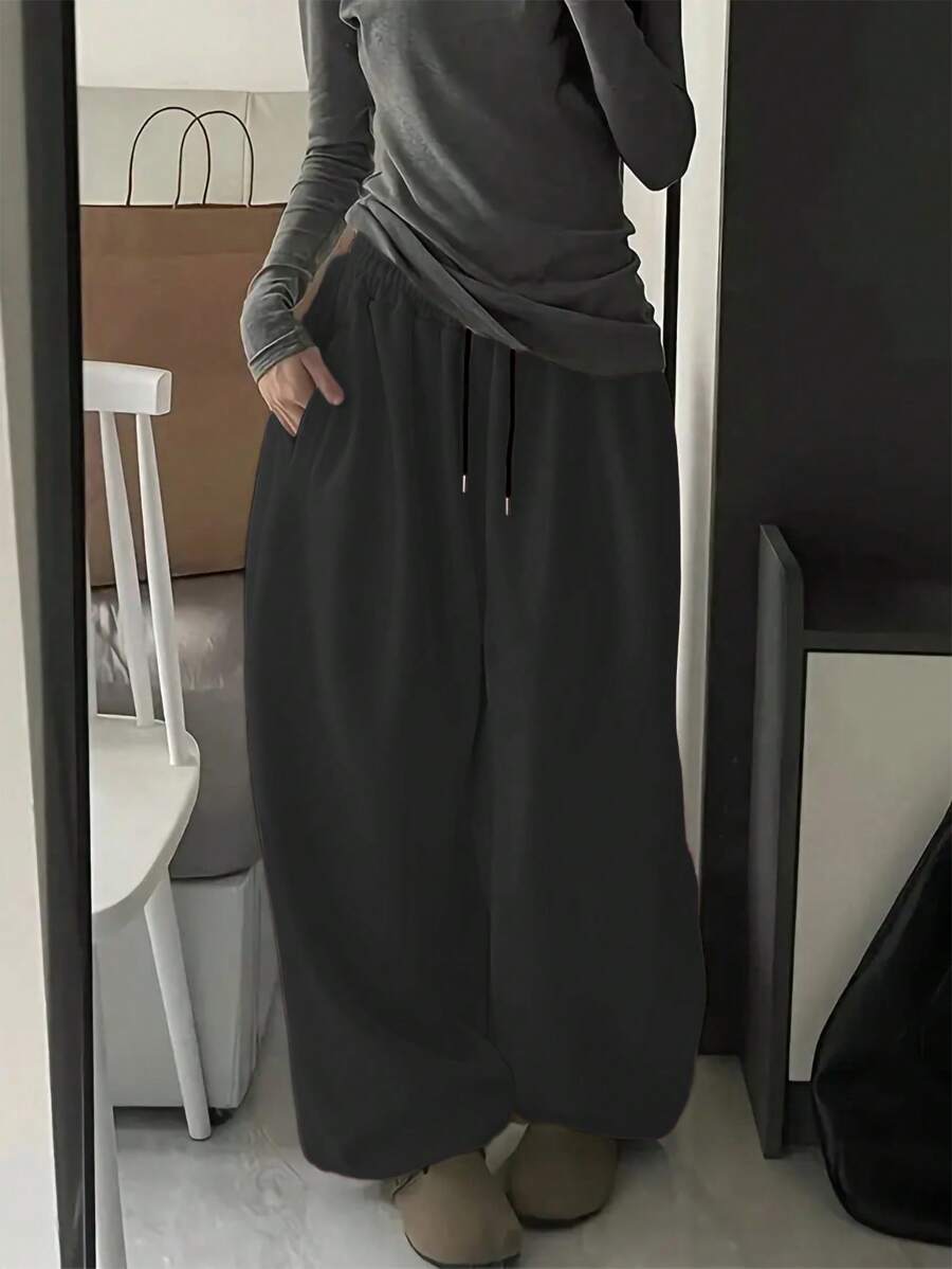 INAWLY 女士纯色深灰色抽绳松紧腰宽松阔腿运动裤