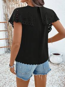 Breezaya Women Solid Color Short Sleeve Casual Stylish Hollow Out Shirt - Black - View 2