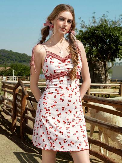 Kawaii Vestido corto estilo country sexy con estampado de cereza para mujer