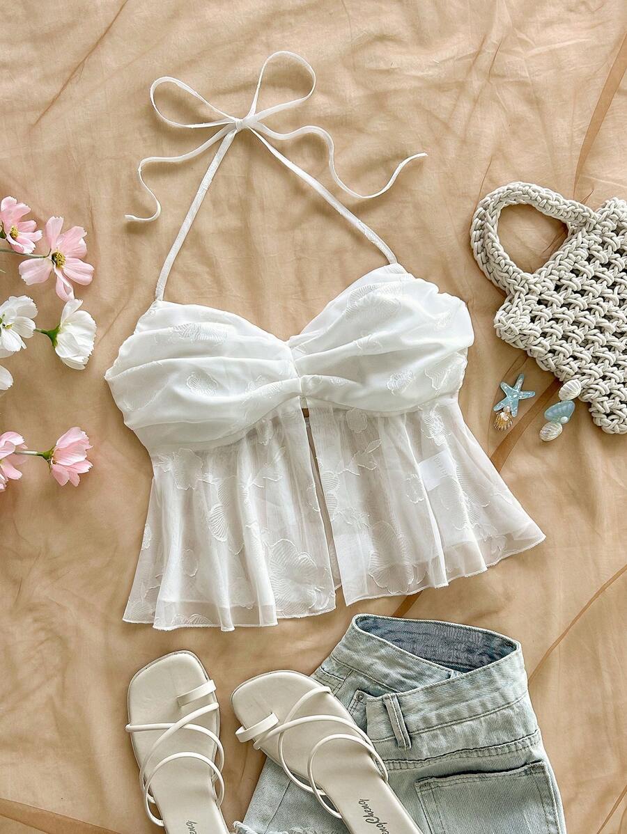 Soleia Women's Fashion Wall-Mounted Tops Chiffon Cut Flower Fabric Minimalist Sexy Vacation Back Tie Bow Summer Beach Wear Leisure Romantic, Spring