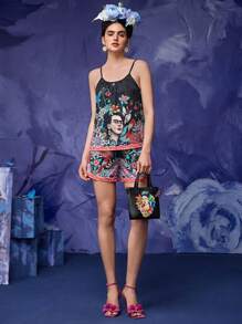 Frida Kahlo X SHEIN 1pc Women's Fashion Commuter Floral & Figure Graphic Handbag, Long Shoulder Strap Crossbody