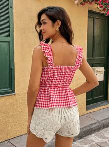 Calvaya Camisa sin mangas de mujer de cuadros con volantes, informal y apropiada para vacaciones
