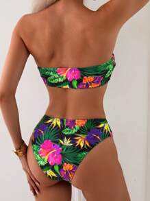 Swim Lushoire 2pcs Women Floral Print Strapless Bikini Set, Vacation Swimwear, For Summer Beach - Multicolor - View 2