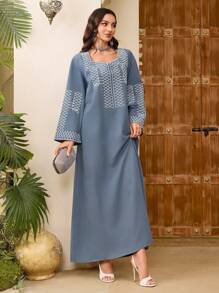 Al Najma Women's Geometric Embroidered Long Sleeve Sweetheart Neck Elegant Arabic Style Dress, Kaftan & Jalabiya - Dusty Blue - View 4