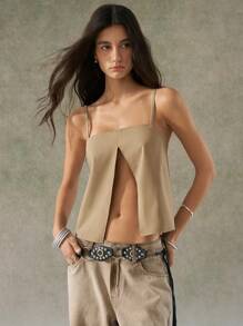 LYSMO 波西米亚风女装简约设计前开吊带背心 - 卡其色 - 查看 1