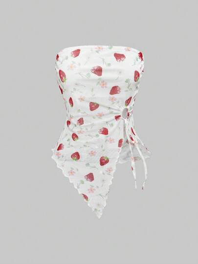 Kawaii Top tubo con estampado de fresas de verano, bajo asimétrico, estilo Y2K, tela de malla