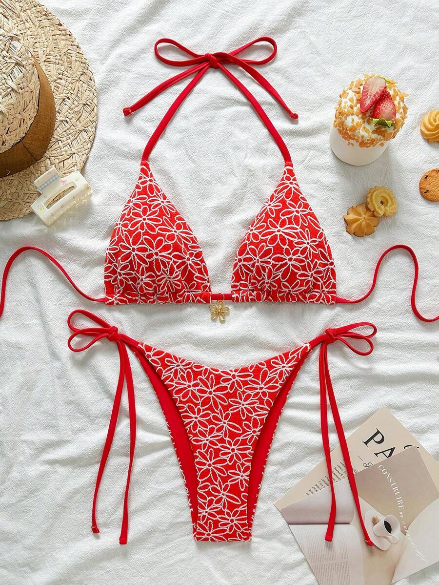 Swim Mod 2件套春假夏季度假粉色花卉纹理吊带侧系带比基尼泳装 - 紅白色 - 查看 1