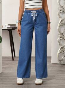 EMERY ROSE 女式抽绳腰口袋阔腿休闲百搭牛仔裤