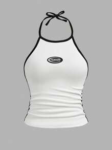 SHEIN 2 Stücke/Set für Teenager Mädchen Lässiger Sport Buchstaben & Symbol Muster weiß ärmellos Strick-Trägertop und weite Hose mit Kordel Dekor, vielseitige Sommer Mode
