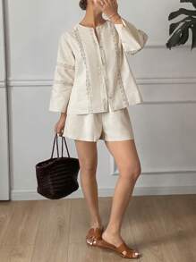 SHEIN Frenchy 2pcs Women Casual Solid Color Floral Embroidery Shirt And Shorts Set