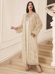 Al Najma 女士金色花卉印花长袖长袍和连衣裙阿拉伯服装套装，朴素 - 彩色 - 查看 3