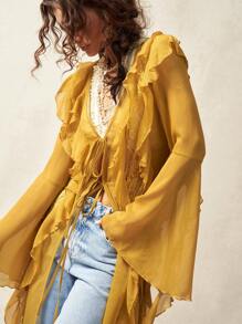 Bohemela Vestido mini BOHO para mujer con mangas acampanadas, nudo delantero y encaje de contraste con volantes, ropa bohemia chic, ropa de mujer bohemia