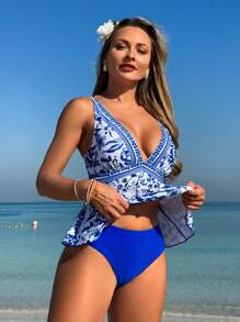 SHEIN Swim 2pcs/Set Women Digital Printed Swimwear Set, Beach, Pool Party, Vacation, Spring/Summer - Blue - View 3