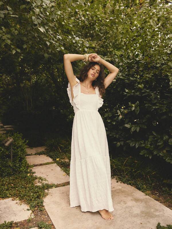 Aralina Ruffle Frill Sleeveless Shirring Summer Vacation Boho Maxi Dress