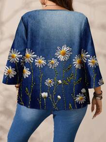 EMERY ROSE 女式加大码花卉图案宽松圆领 3/4 袖衬衫，春夏季休闲装