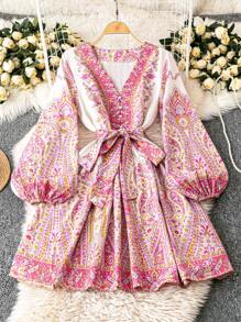 SHEIN Clasi Resort Paisley Print Balloon Sleeve Dress