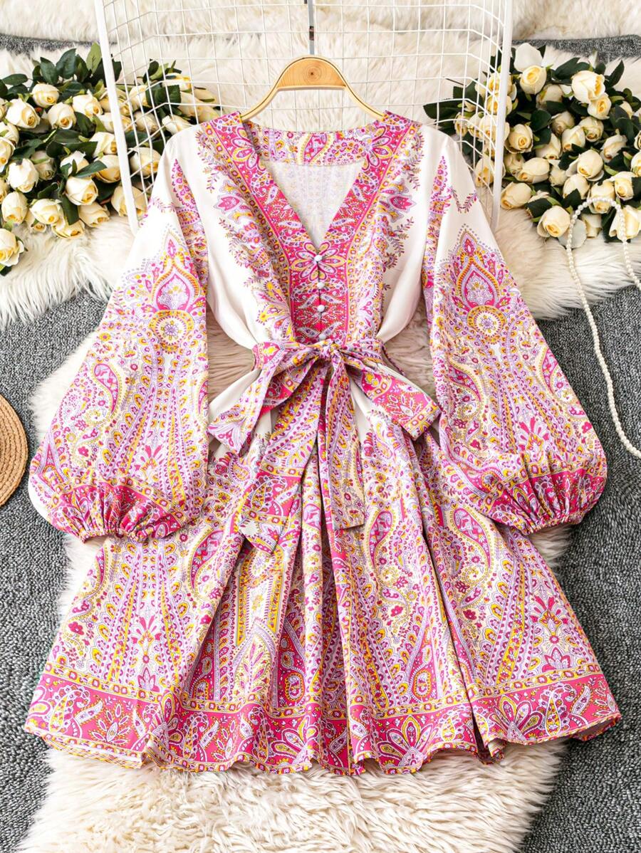 SHEIN Clasi Resort Paisley Print Balloon Sleeve Dress
