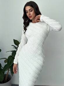 Firerie Váy đuôi cá cạp cao tay dài ren jacquard thanh lịch dành cho nữ, thích hợp cho trang trọng/đi làm/nghỉ dưỡng/tiệc tùng/hẹn hò - trắng - Xem 4