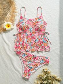 SHEIN Swim 女士高弹甜美碎花节日泳池派对比基尼套装，夏季海滩度假 - 彩色 - 查看 6