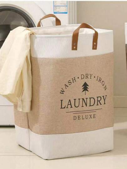 1pc Linen Large Capacity Laundry Basket , Clothes Patchwork Letter Printing Collapsible Laundry Basket With Leather Handles ,For Storage Toys And Clothing In Bedroom, Bathroom Foldable Laundry Hamper,Country Style,53L Large Capacity