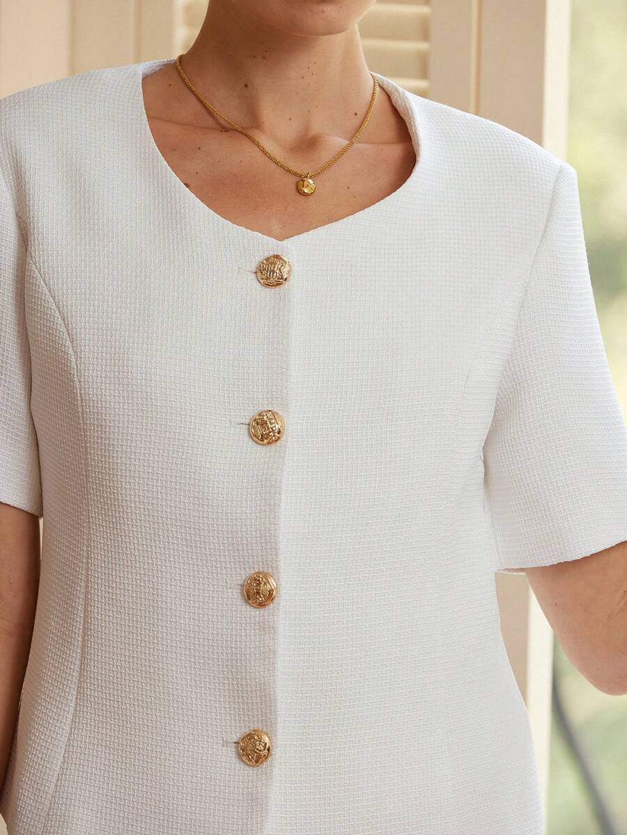 Aveloria Rosie Women's White Simple Elegant Elegant Commuting Versatile Fashion Short-Sleeved Thin Tweed Fabric Suit Jacket   Old Money Style For Summer - White - View 1