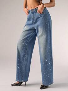 SHEIN BAE Women's Rhinestone Decor Pocket Wide Leg Loose Fit Jeans - Baby Blue - View 7