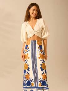 CAJUNI 女士复古波西米亚风花卉印花双开衩半身裙，黄色和蓝色 - 彩色 - 查看 4