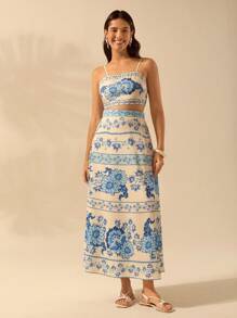 CAJUNI Women's Boho Tropical Plant & Flower Blue Print Skirt, Vacation Casual Summer Skirt