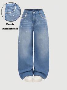 SHEIN MOD 加大码中腰阔腿牛仔裤，蓝色 夏季度假 女士 90 年代春季 女士 Y2k 牛仔风 女士 锐舞 春假 外出 街头服饰 2000 年代风格 音乐会 旧钱 拉斯维加斯之夜 女士 锐舞节 复活节 女士 生日 女士 水钻珍珠 - 藍色 - 查看 1