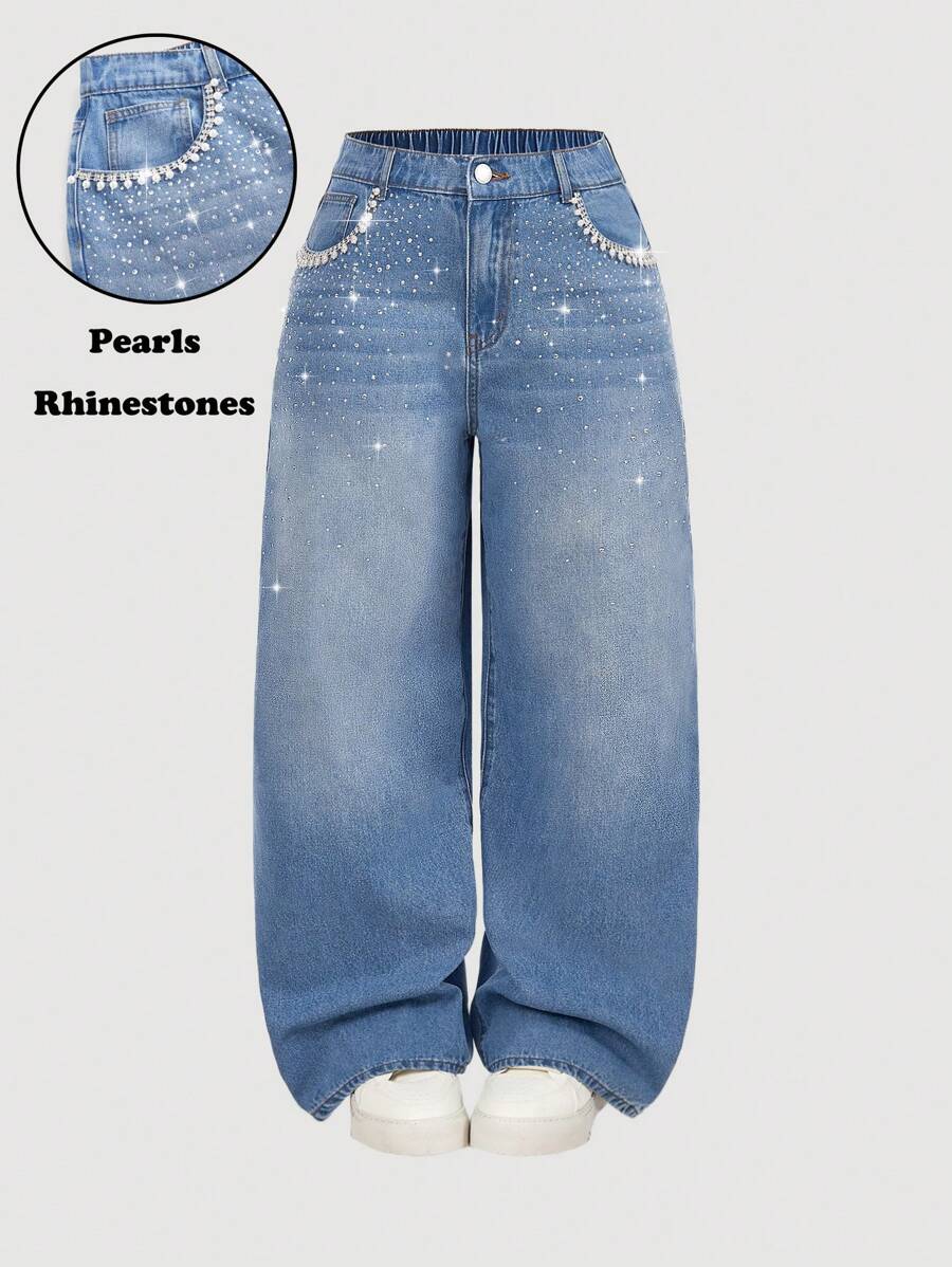 SHEIN MOD 加大码中腰阔腿牛仔裤，蓝色 夏季度假 女士 90 年代春季 女士 Y2k 牛仔风 女士 锐舞 春假 外出 街头服饰 2000 年代风格 音乐会 旧钱 拉斯维加斯之夜 女士 锐舞节 复活节 女士 生日 女士 水钻珍珠 - 藍色 - 查看 1