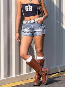SHEIN Quần short denim rách màu xanh dáng ôm dành cho nữ tuổi teen phong cách Y2K, trang phục thường ngày mùa xuân hè, phong cách boho năng động, nhiều túi hộp, cá tính đường phố, trang phục lễ hội miền Tây. - Rửa nhẹ - Xem 3