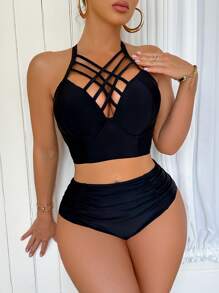Swim DD+ Damen Sommer Strand einfarbiger Neckholder Sexy Bikini Bademode Set, für Sommerurlaub am Strand