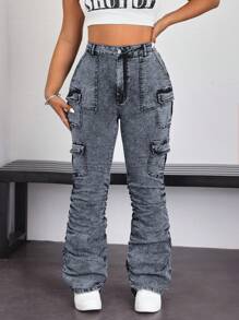 SHEIN EZwear Coolmax Plus Size Women Front Button Pocket Pleated Casual Jeans - Black - View 6