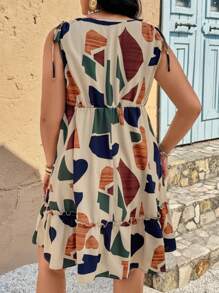 SHEIN VCAY Plus Size Color Block Print Dress With Drawstring Shoulders Western Graphic Off The Shoulder Ruffle Teacher Outfits For Women Spring  Summer Clothes Rave Outfits Boho Chic Cottagecore Tropical Vacation Woman Clothes Beach Outfits For Woman Cute Old Money Tropical Vacation Woman Clothes European Summer Bohemian Rave Outfit Textured Pattern - Multicolor - View 2